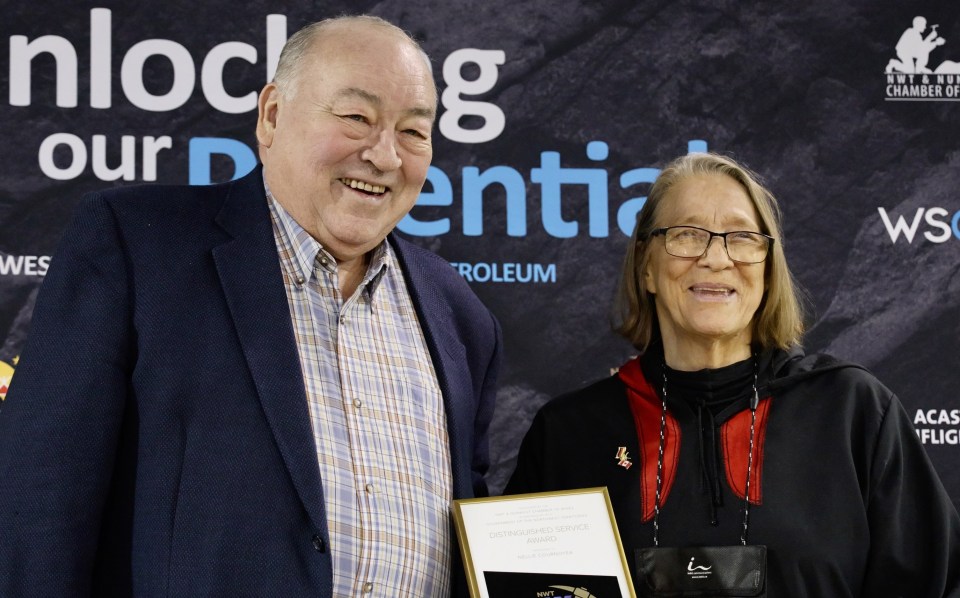 Bob McLeod, left, and Nellie Cournoyea. Ollie Williams/Cabin Radio